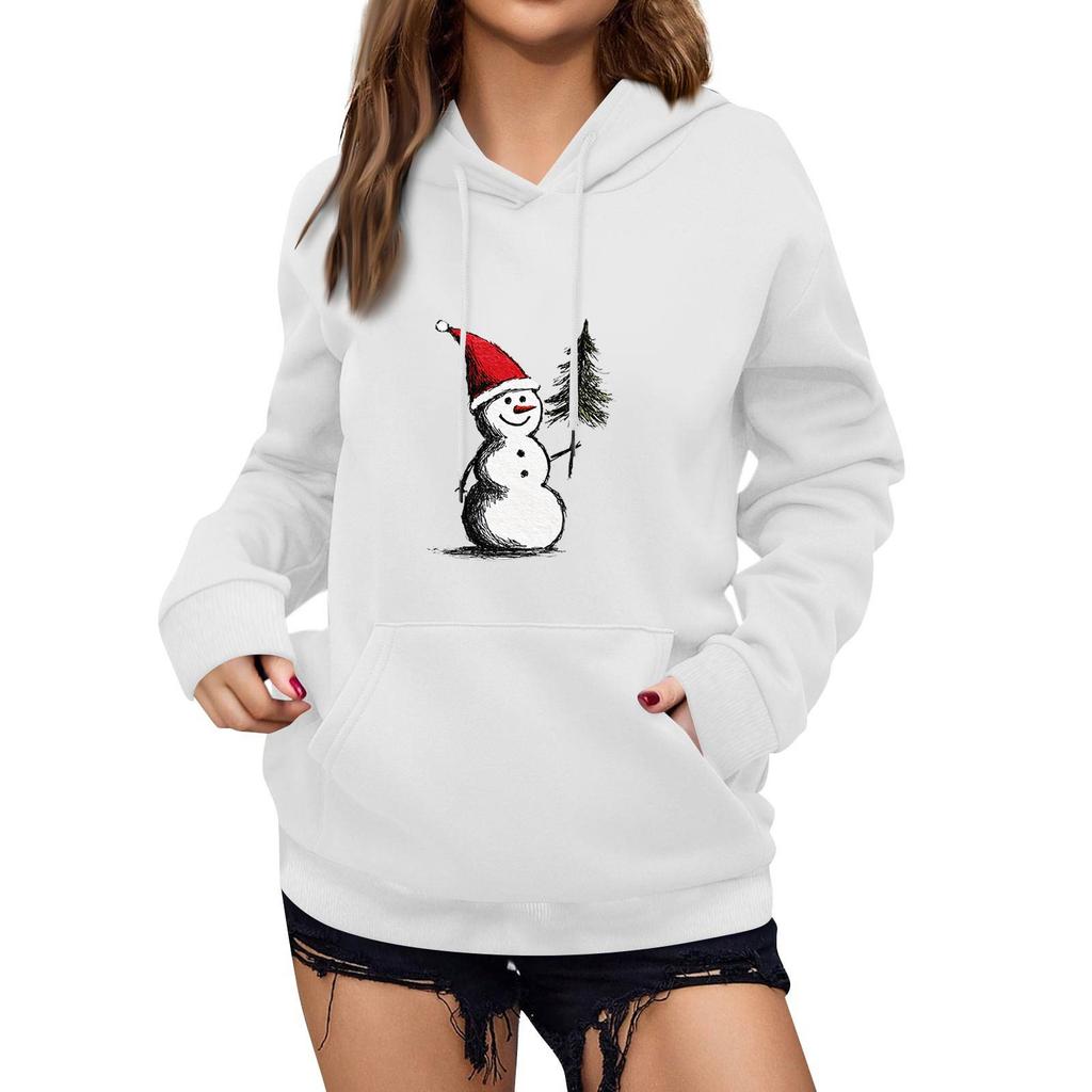 Women's Winter Christmas Printed Pullover Hooded Sweatshirt Fleece Long Sleeve Sweatshirt