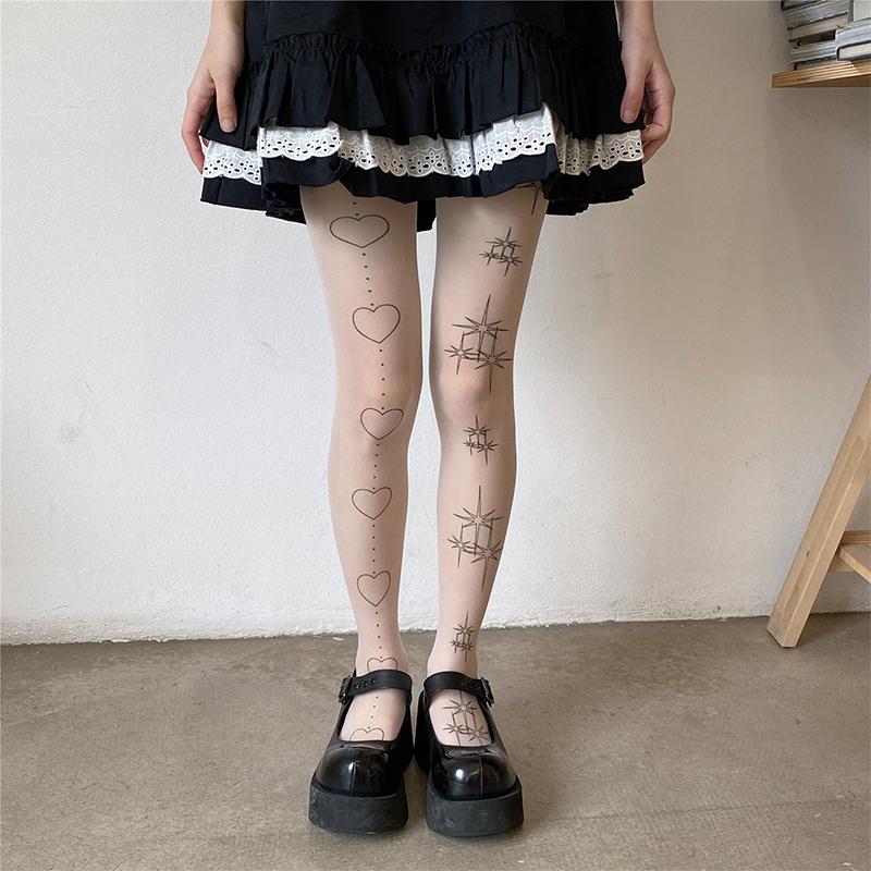 

Cute Cat Printed Socks Skin Color Silk Socks Subcultural Pantyhose Women s Sexy Skin-colored Stockings Printed Star & Love M