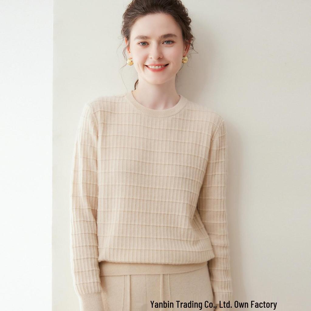 Women's Pure Cashmere Waffle Knit Round Neck Base Layer