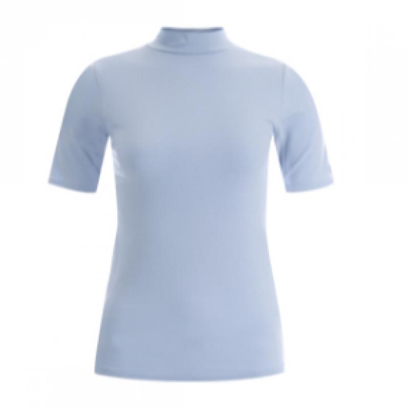 Shop   Women Round Neck High Collar Slim Fit Crop Span Short Sleeve Tee Beige Rn