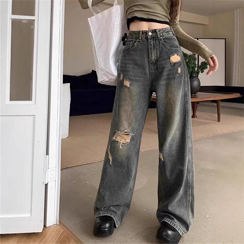 Women's Hong Kong-Style High-Waist Retro Ripped Jeans - Petite, Versatile, Slimming, Loose, Hip-Covering, Straight, Wide-Leg Pants