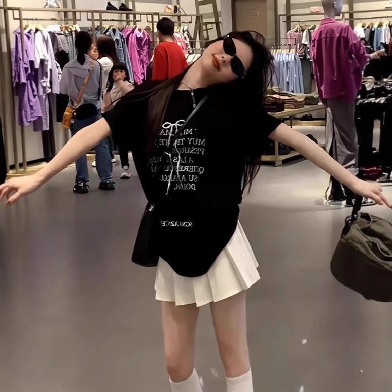 Damen Baumwoll T-Shirt im koreanischen Stil mit Buchstabenaufdruck, Kurzarm, lässig, figurbetont