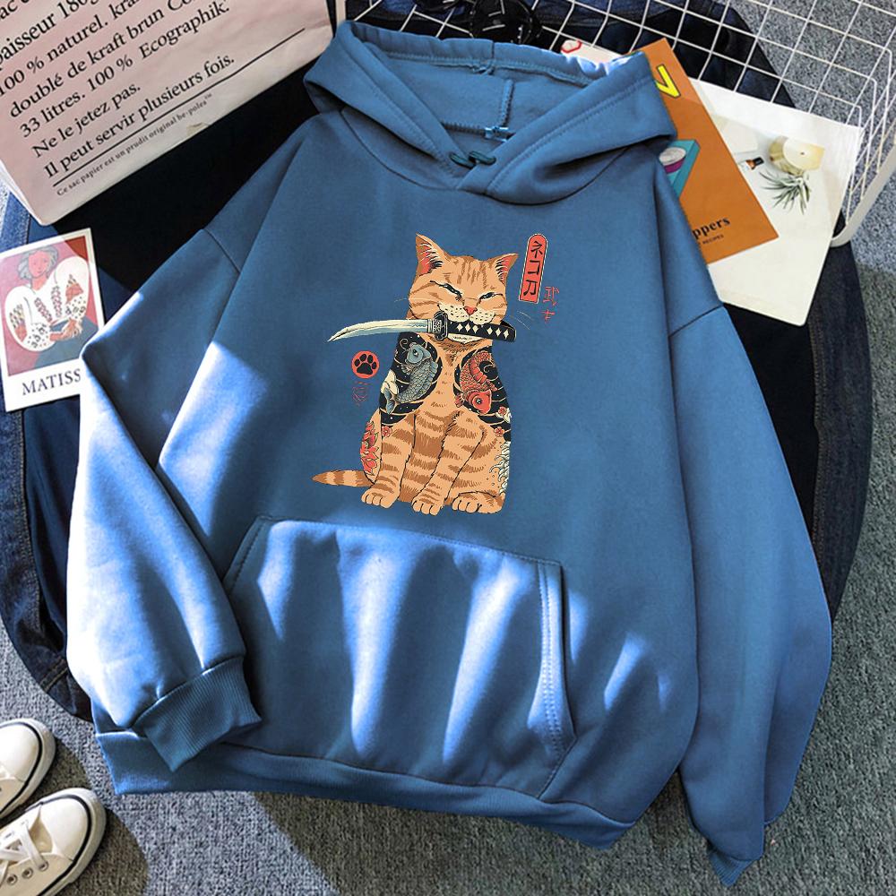 Japanese Cartoons Cat Ukiyo E Print Women Hoodie Hip Hop Fleece Pullovers Creativity Crewneck Clothing Fleece Loose Womens Hoody
