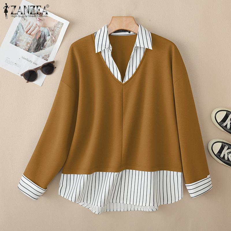 ZANZEA Oversized Women Patchwork Stripe Turn Down Collar Long Sleeve Autumn Thin Sweatshirts