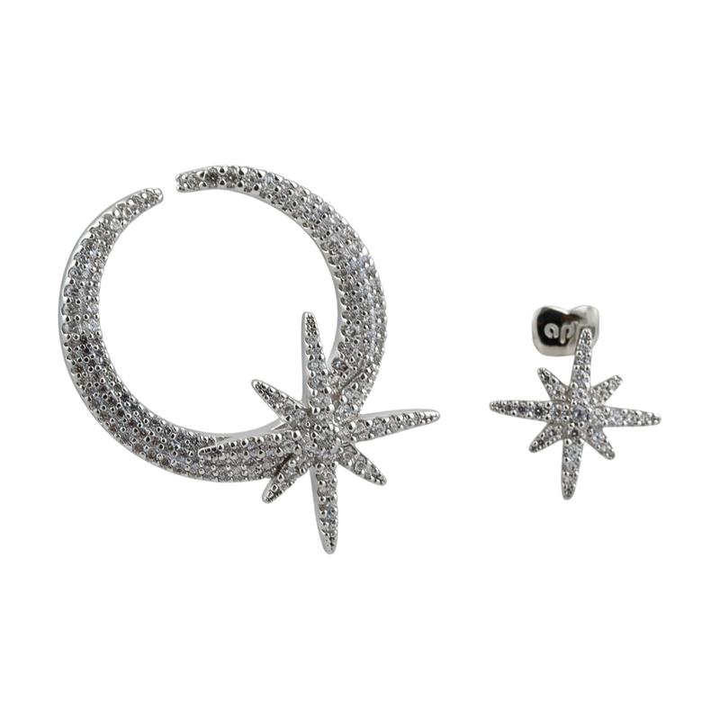 APM Monaco Asymmetrical six-star moon combination, simple and high-end design, 925 silver earrings, women s silver AE11051OX серебряный