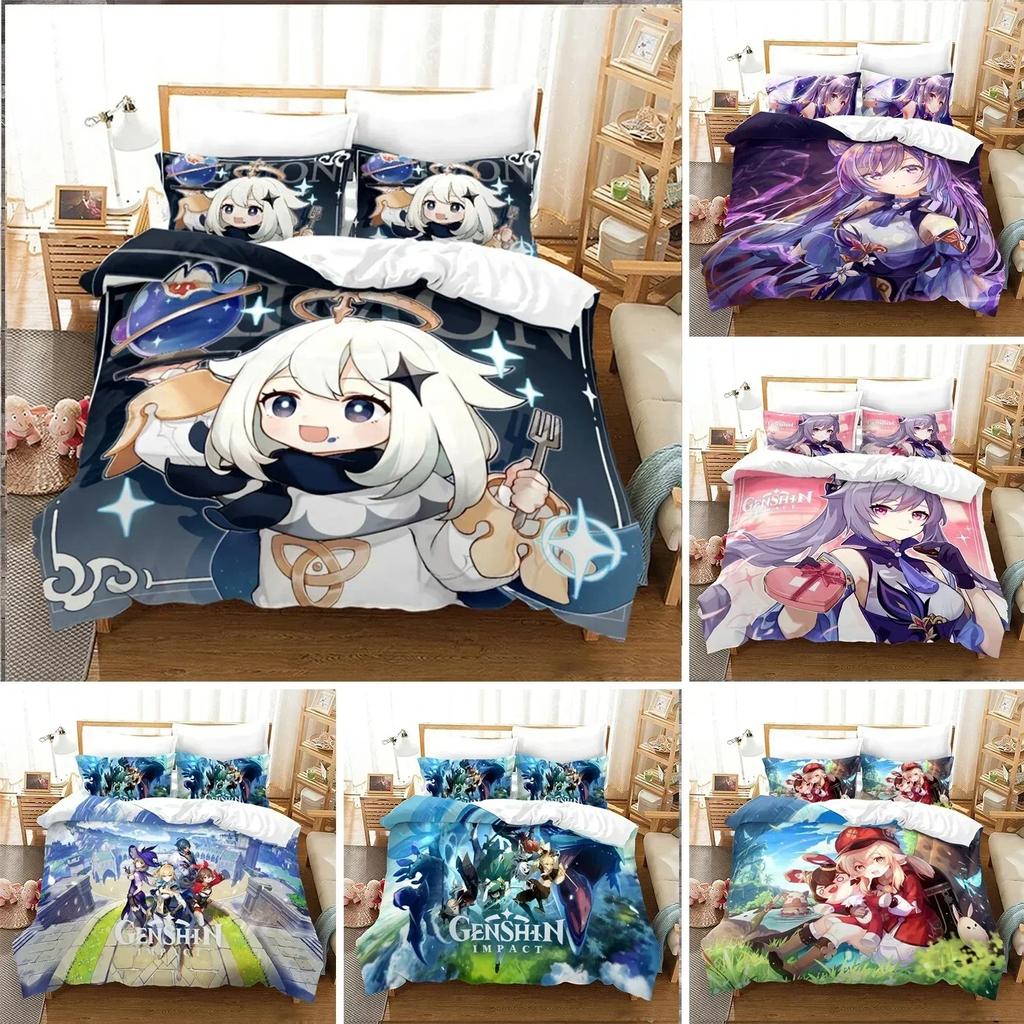 Anime Genshin Impact Paimon Bedding Set Duvet Cover Sheet Printed Bed Set Pillowcase Bed Full Queen King Size Comforter Bedroom