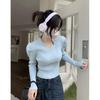 Women's V-Neck Slim-Fit Puff Sleeve Knitted Sweater - Chic Waist-Hugging Top for Spring/Autumn