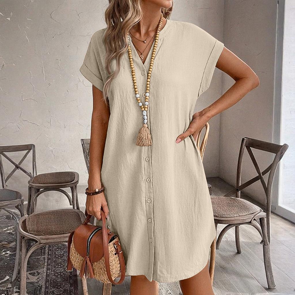 Ladies' Loose And Comfortable Summer Color Cotton Linen V-neck Button Up Dress