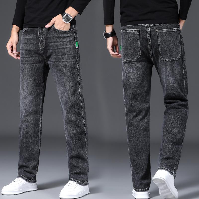 High-end Smoke Gray Jeans Straight Loose Spring and Autumn Thick Medium Diagonal Pocket Casual Pants Large Size Winter