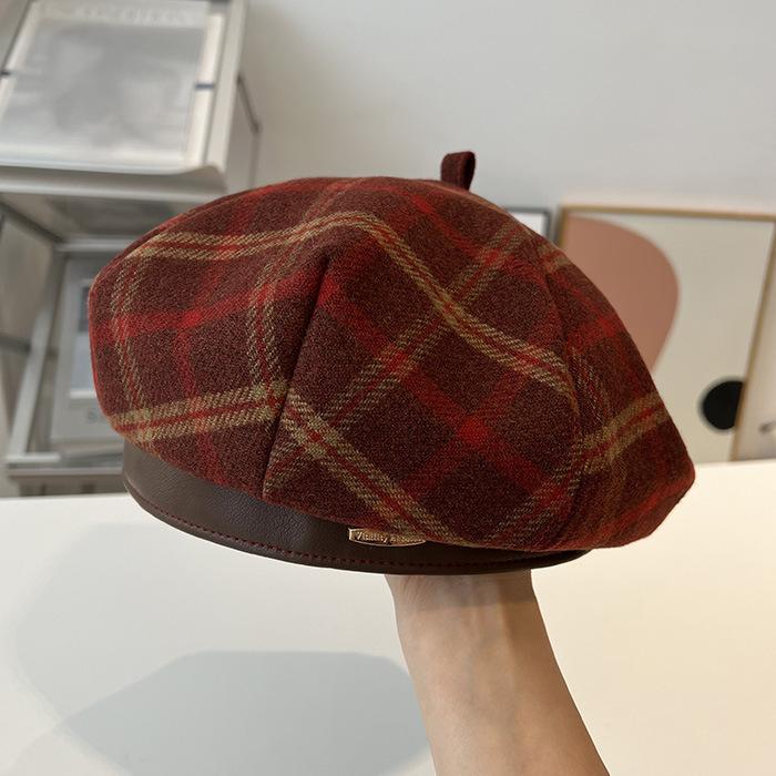 Polished Woolen Plaid Leather Brim Beret Women's Autumn and Winter Retro British Lady Hong Kong Style Ins Painter Hat
