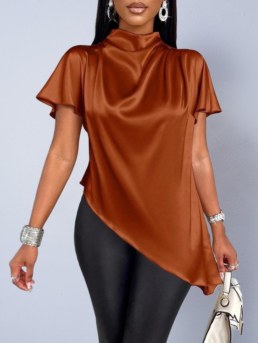Autumn Faux Silk Asymmetrical Hem Women s Shirt 2025 Small коричневый