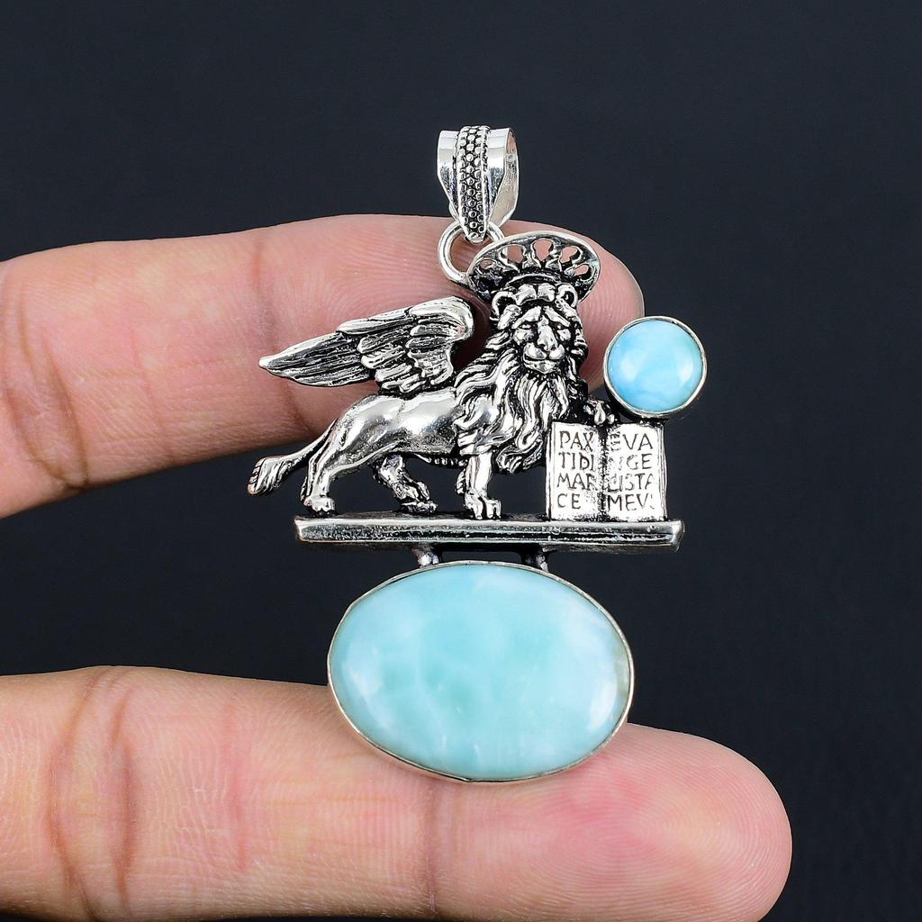 Lion of Saint Mark Larimar Gemstone Silver Pendant | 925 Sterling Silver | Necklace Pendant | Handmade Vintage Pendant Jewelry for Her/him