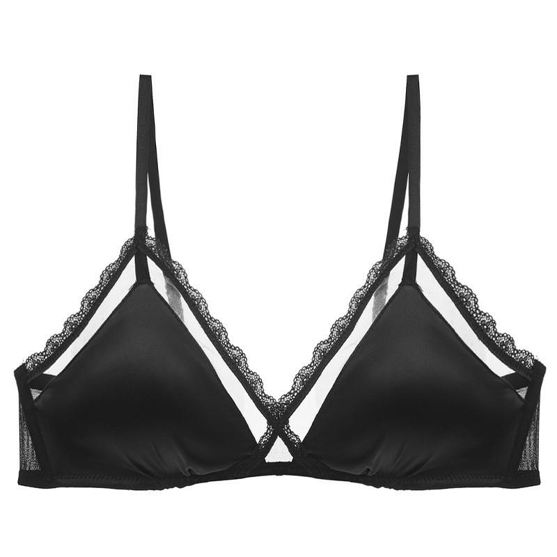 French underwear sexy thin glossy lace bra without steel ring triangle cup small chest shows big gathering underwear bra
