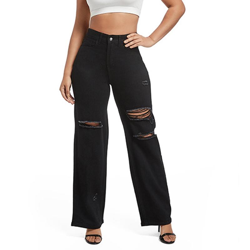 Elegant Mote Dame Ripped Jeans Ny Løs Avslappet Vide Ben Denim Bukser Kvinne Vintage Vår Høst Hull Bukser 901