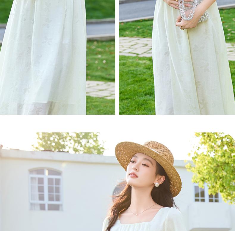 Goddess style French square collar printed waist cinching slimming and high-end pearl chain dress