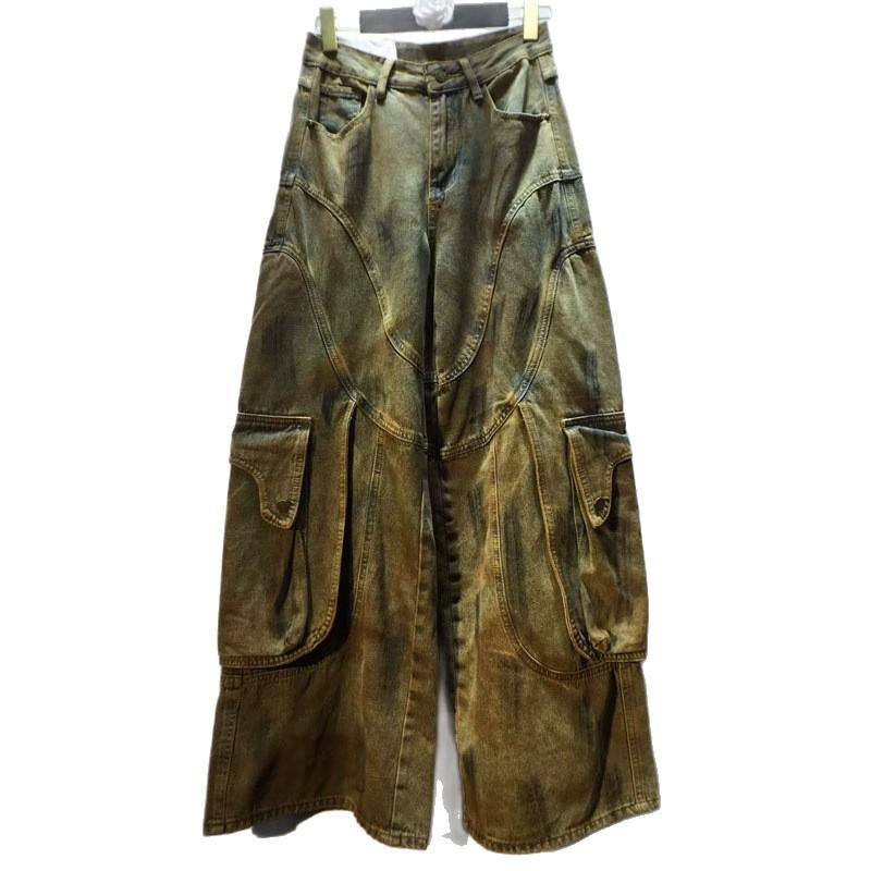 European Station Autumn Clothing New High Waist Skinny Painted Multi-Pocket Wide Leg Straight Jeans Trousers Women's Pants