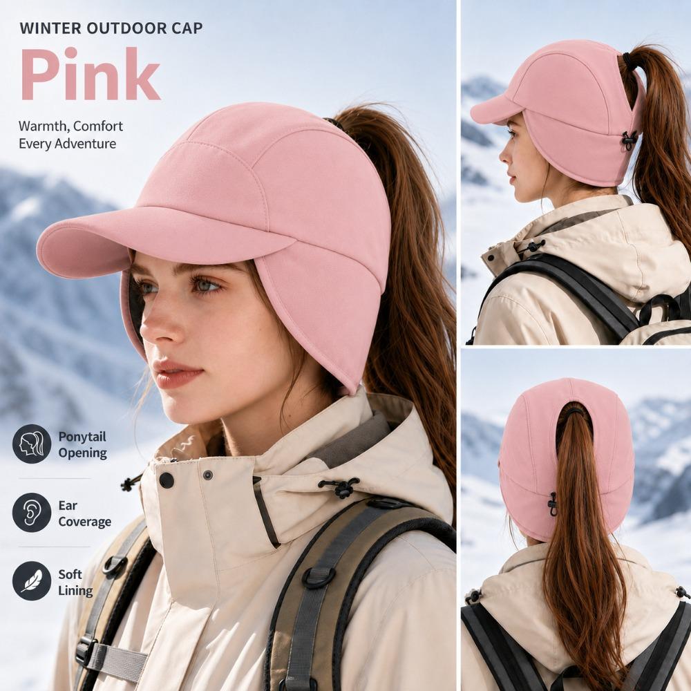 Women'S Winter Outdoor Baseball Cap, Earflap Hat with Ponytail Opening And Curved Brim, Casual Cap for Walking, Commuting, Weekend Trips, And Travel