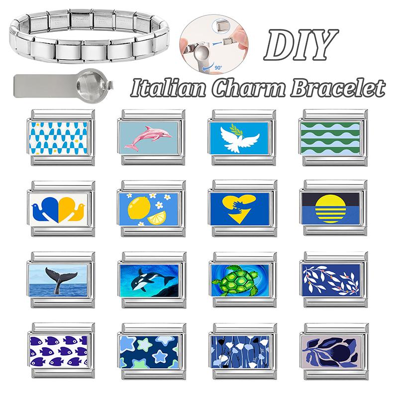 Nueva Serie Océano Azul Cola de Pez Luna Estrella Delfín Tortuga Encanto Italiana Enlace Compatible Pulsera de Acero Inoxidable de 9 mm Fabricación DIY Regalo
