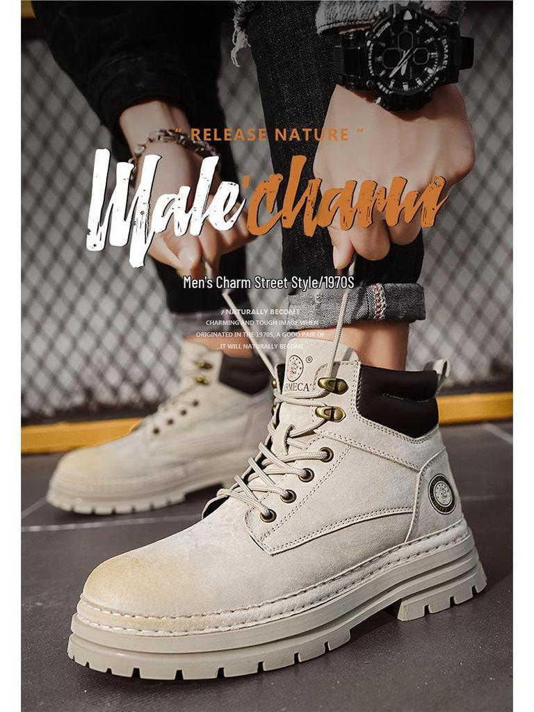 Putian Men's Genuine Leather Warm Fleece-Lined Martin Boots, Yellow British-Style Ankle Workwear Boots