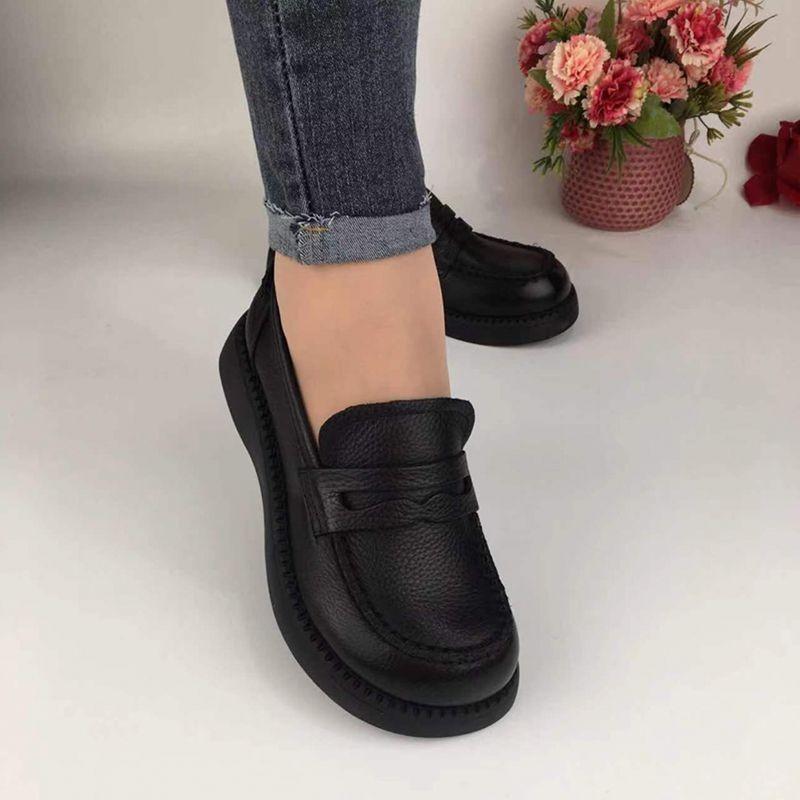 Versatile Leather Single Shoes Women's Spring New Retro One-pedal Shoes Middle-aged and Elderly Soft Soles