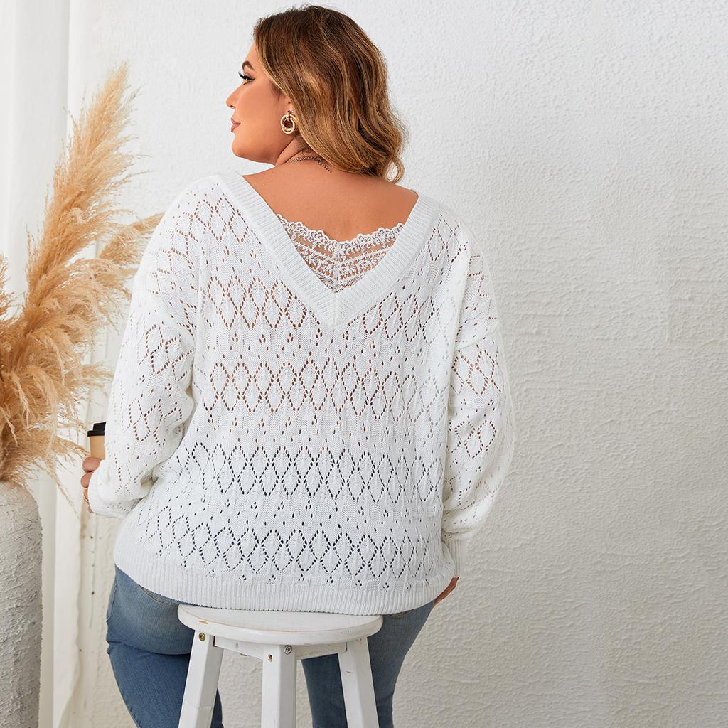Fall Women's Round Neck Pullover Knit Sweater Plus Size Hollow Out V-Neck Tops