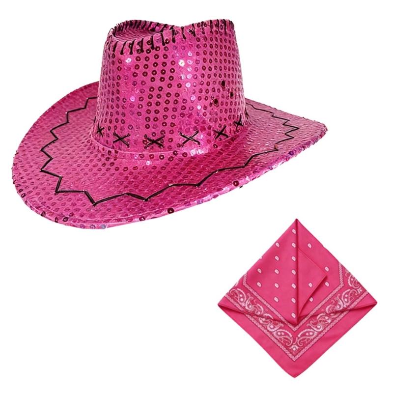 Gold Sequins Western Cowgirls Hat with Bandana Costume Set For Parties And Theme Event With Comfortable Acrylic Fabric