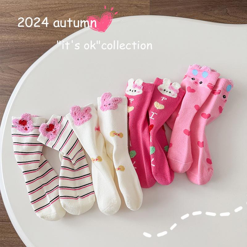 2024 Autumn Seamless Cartoon Rabbit Princess Socks - 4 Pairs for Kids