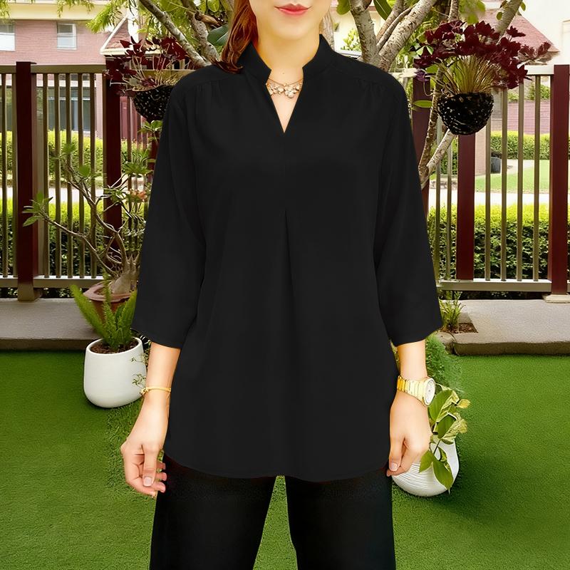 ZANZEA Damen Lockerer V-Ausschnitt 3/4-Ärmel Einfarbig Lässige Bluse