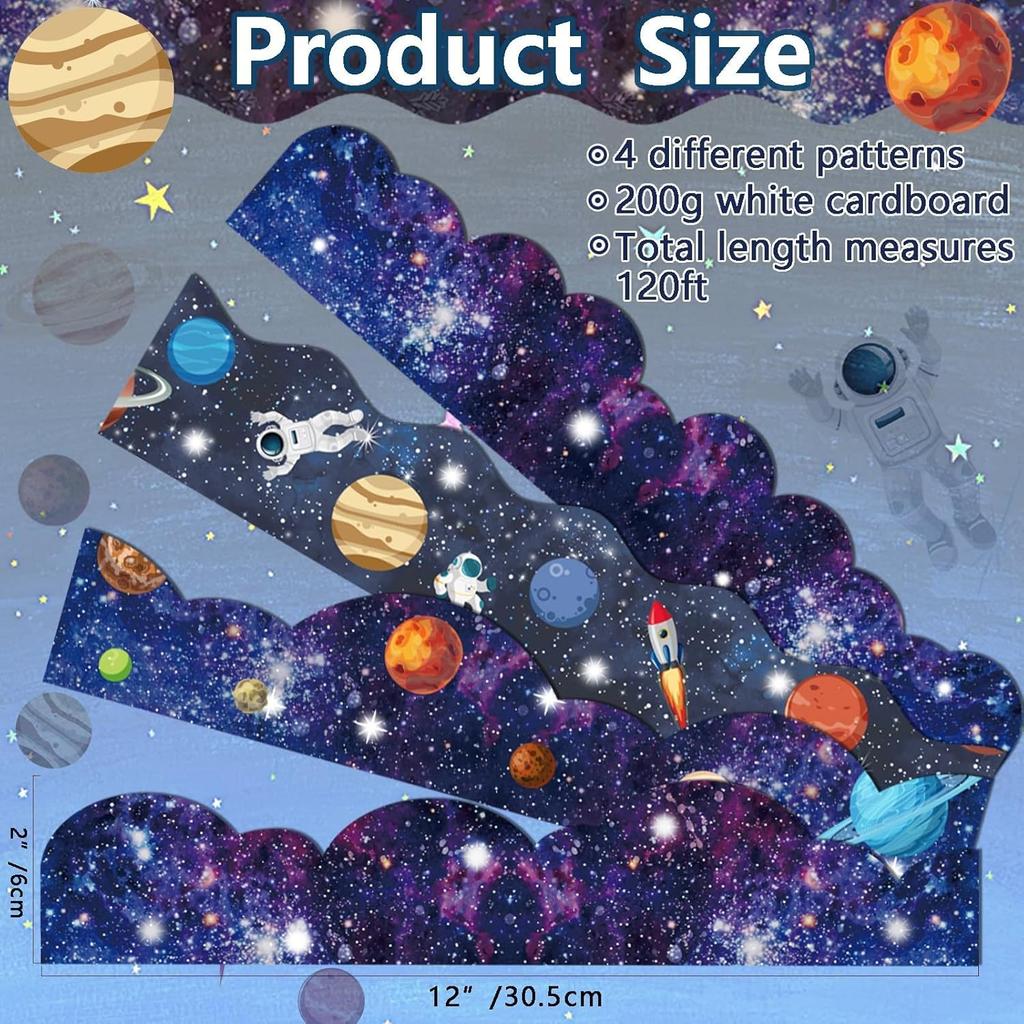 120ft Bulletin Board Borders Decorations Outer Space Classroom Decor Galaxy Star Planet Astronaut Scalloped Border Trim for Teacher School Office