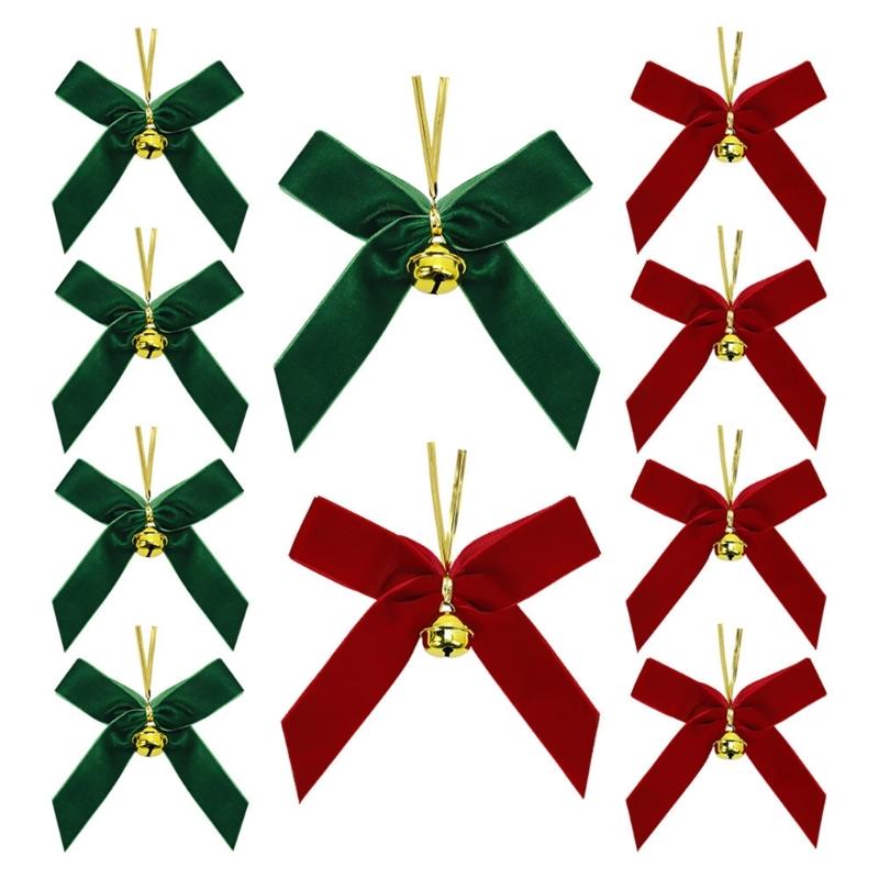 10Pcs Velvety Ribbon Bowknot Ornament with Bell Christmas Tree Hanging Decoration For Wreath Festival Celebration