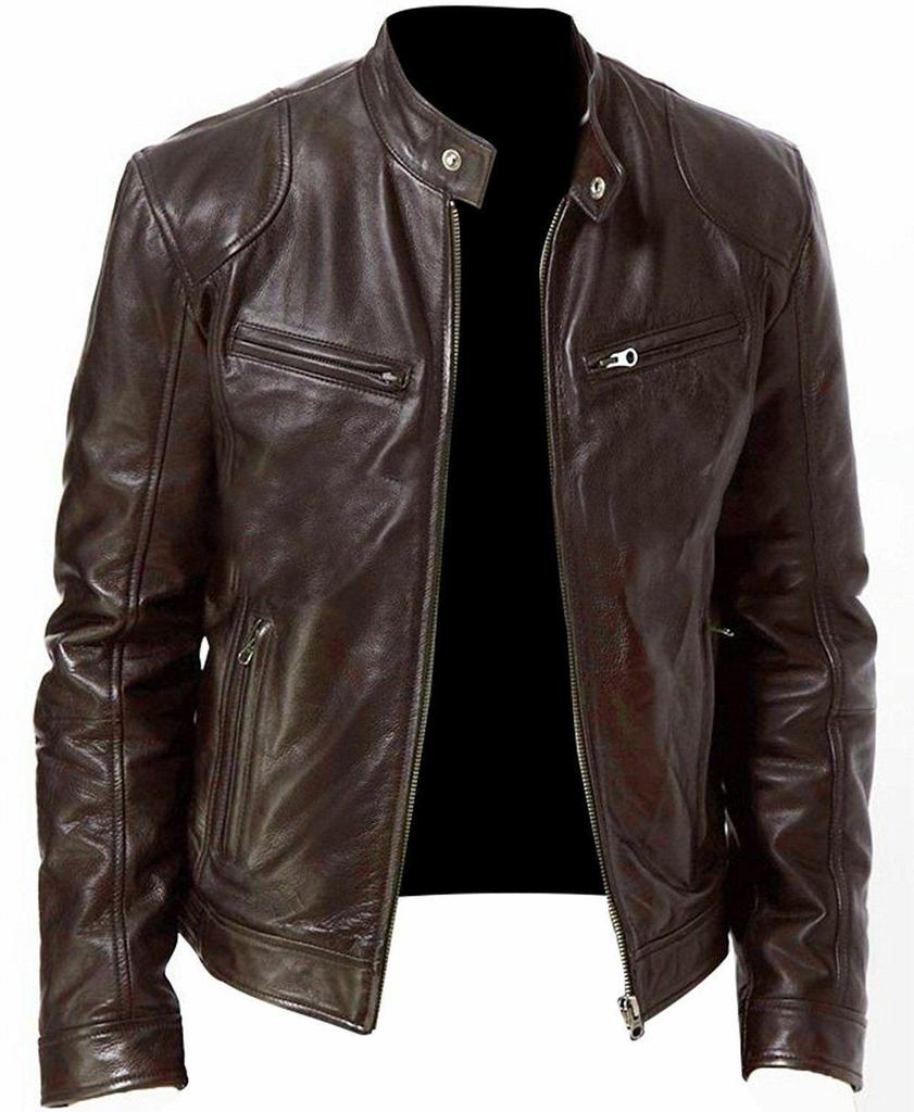 European & American Style Men's Stand-up Collar Leather Motorcycle Jacket with Logo