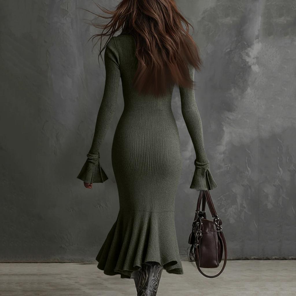 Women's 1/4 Zipper Bell Sleeve Sweater Long Fishtail Dress Knitted Tight Dress