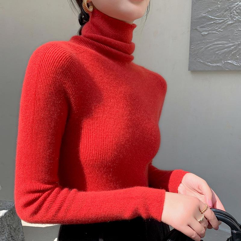 Women's Slim-Fit Ribbed Cashmere Sweater - Solid Color, High-Neck, Knitted Top for Autumn/Winter
