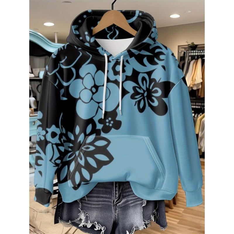 Womens Relaxed Fit Hooded Long Sleeve Sweatshirt With 3D Floral Plaid Print Breathable Comfort Casual Top