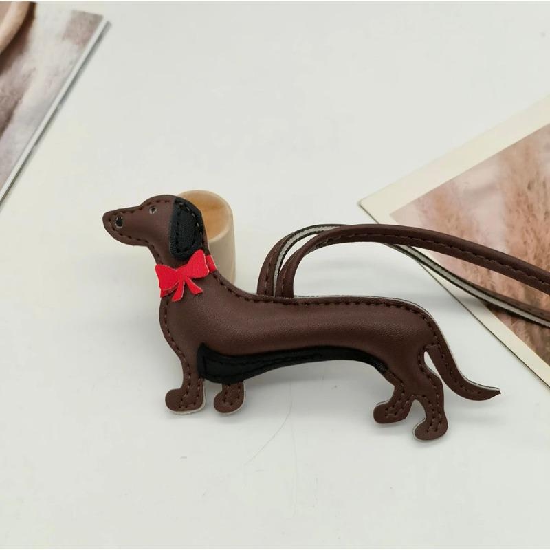 

Elegant Dachshund Leather Bag Charm with Red Bow Tie-Cute Long Body-Pet Lover Gift-Long-Body Design 6 Colors-PU Leather