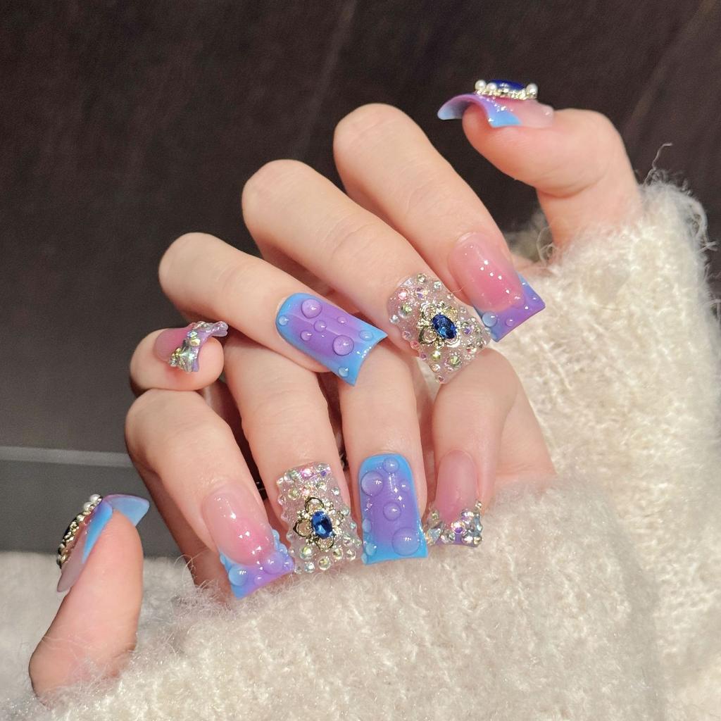Square Press On Nails Purple Fake Nails with Glitter Design Press Ons Artificial Acrylic False Nails Full Cover Stick On Nails Glue On Nails for Women