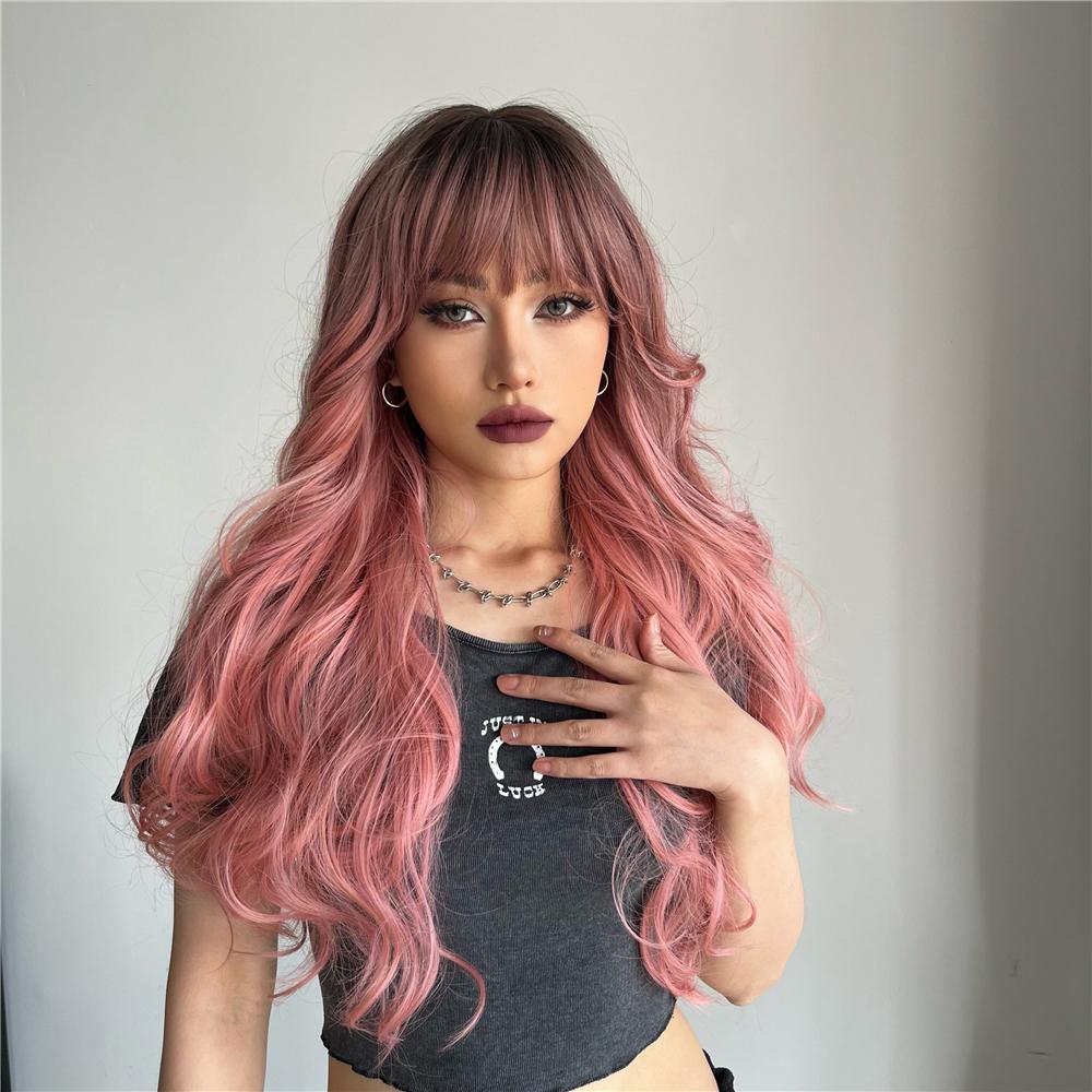 26 Inch Brown Gradient Pink Ombre  Long Curly Hair With Bangs Elegant and Fashionable Synthetic Wig For Ladies KTB