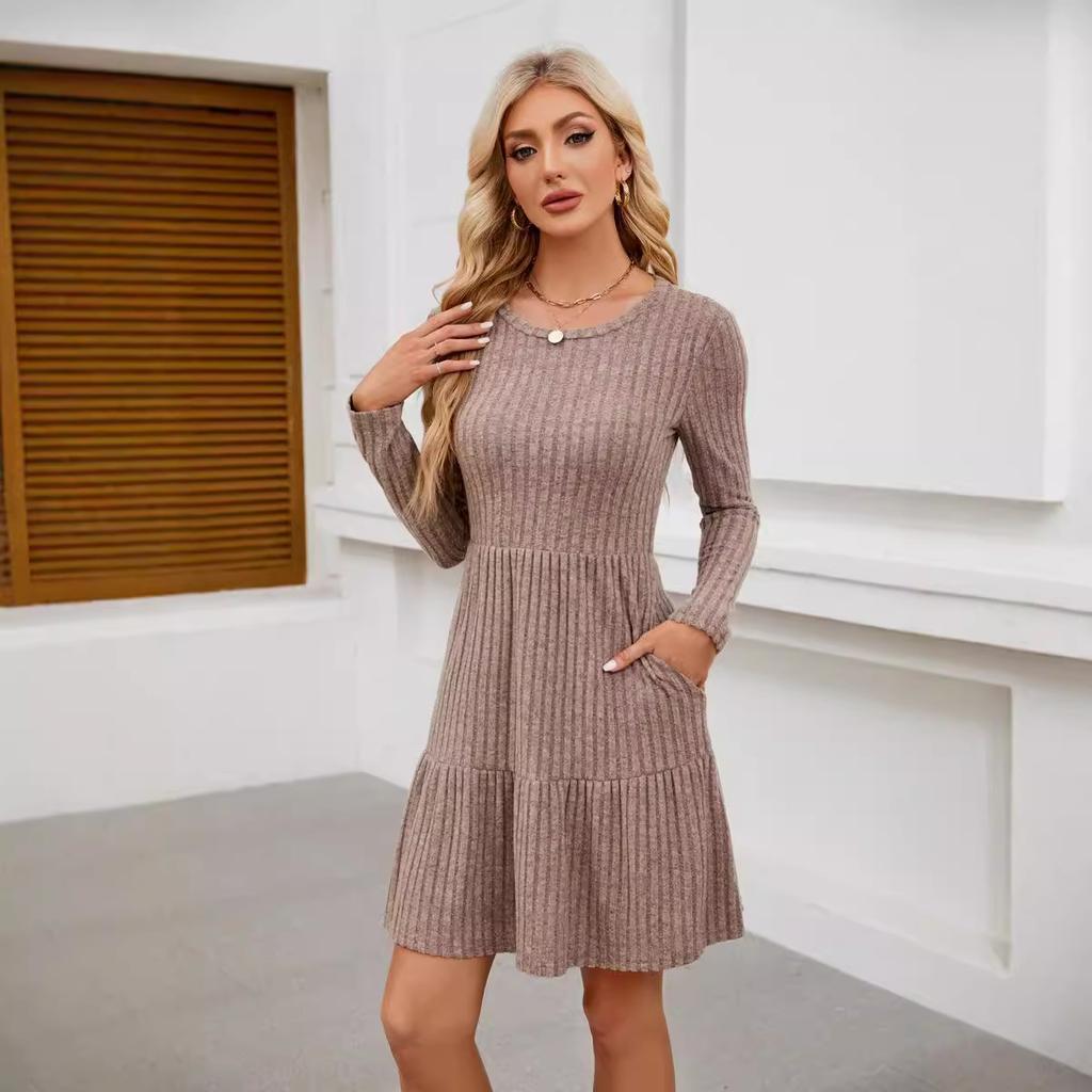 Vestido de Suéter hasta la Rodilla para Mujer Manga Larga Cuello Redondo con Bolsillos Casual Invierno