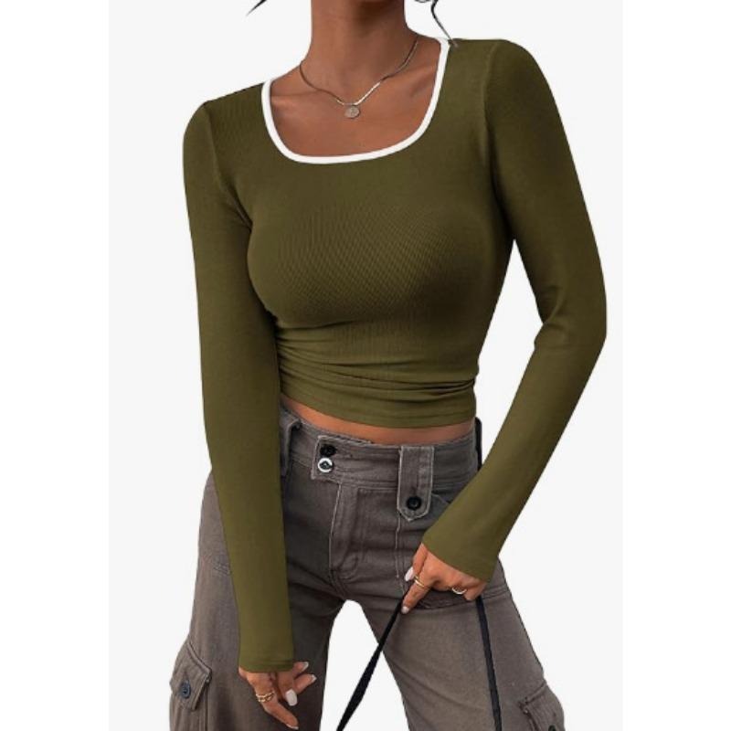 Women's Spring and Autumn Long-sleeved Scoop Neck Slim Ribbed Knit T-shirt Color-blocked Shirt