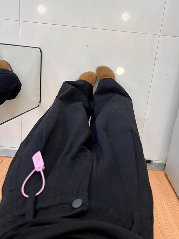 Women's Big American Style Black Wide-Leg Jeans, Autumn/Winter Pear Shape, Floor-Length, Loose Fit