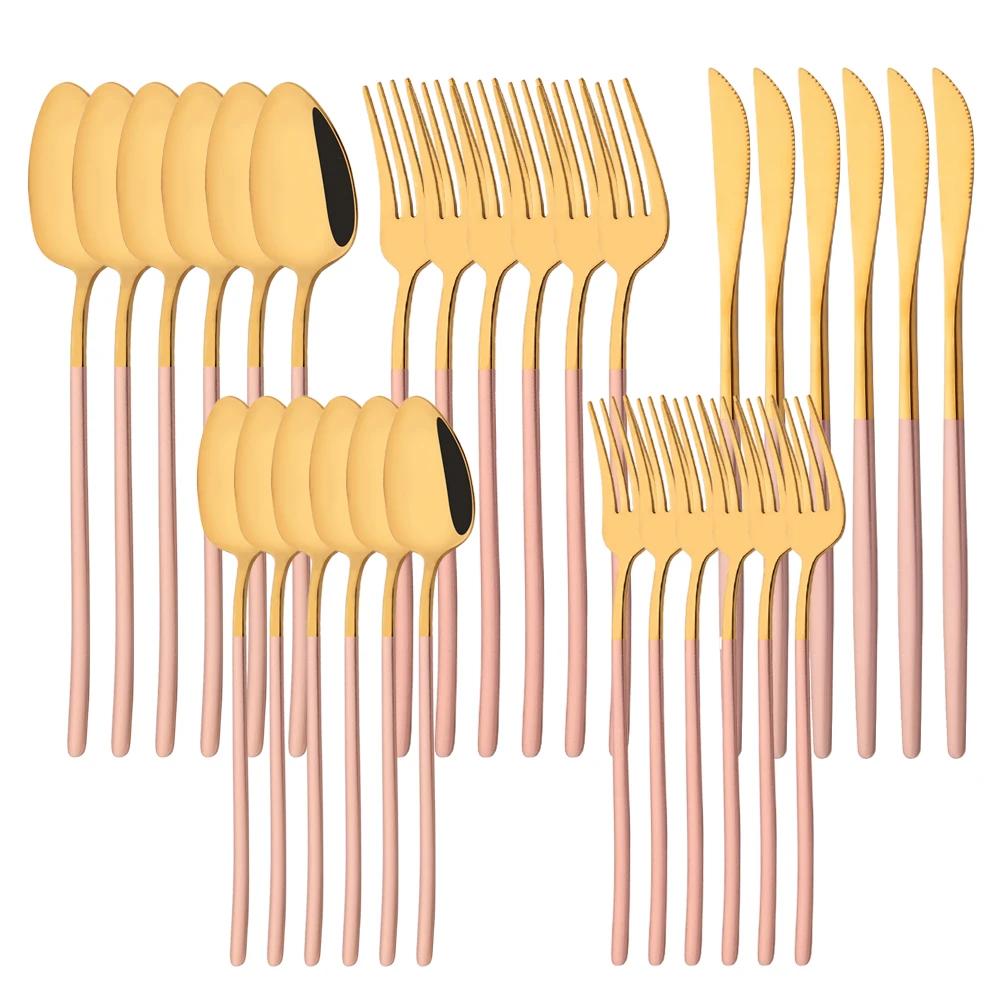 30Pcs/Set Stainless Steel Dinner Mirror Gold Dinnerware Set Knife Dessert Fork Spoon Cutlery Set Kitchen Flatware Silverware Set