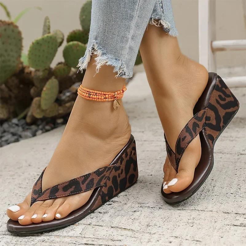 Fashion Leopard Wedges Sandals for Women 2025 Summer Lightweight High Heeled Flip Flops Mujer Woman's Comfort Non Slip Slippers Women