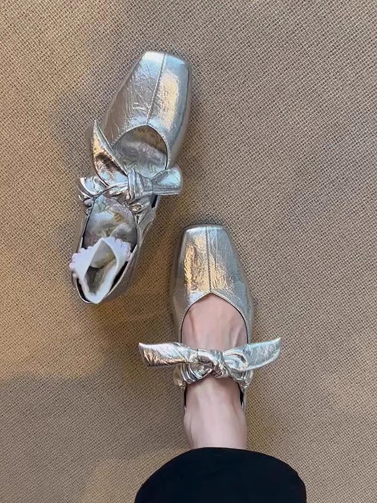

Женские туфли-лодочки с плоской подошвой, с бантом, с неглубоким вырезом, с маленьким квадратным носком, Мэри Джейн, женские туфли, весна-лето, милые и крутые балетки 40 серебряный