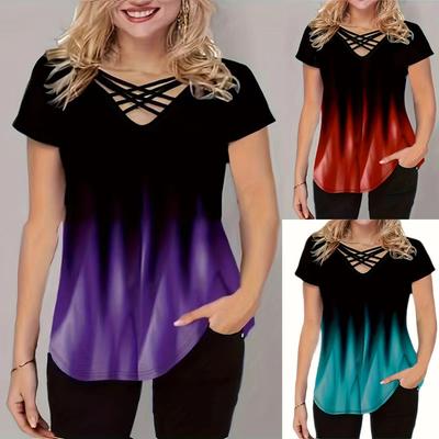 Summer New Foreign Trade Gradient Printing Fashion Casual Short Sleeve V-neck Loose Plus Size Women's T-shirt