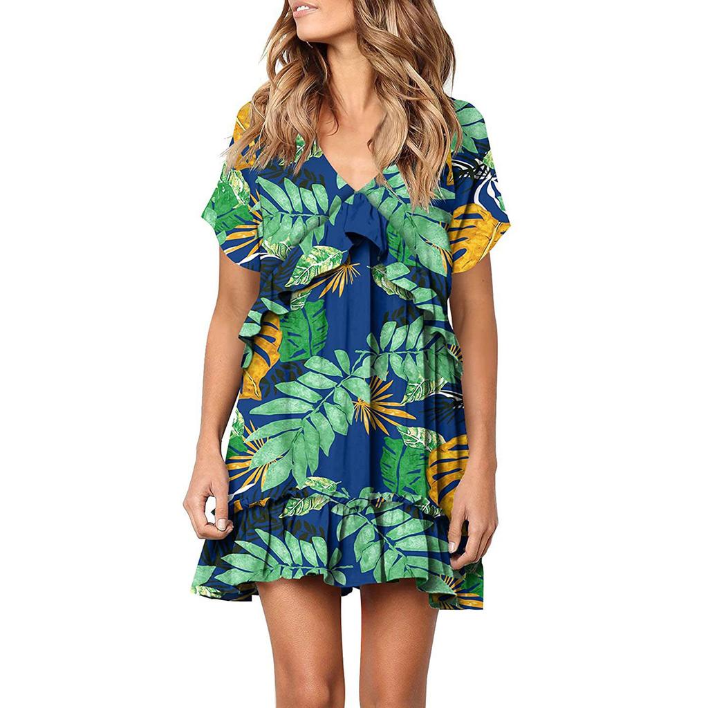 Fashion Women V-neck Printed Short Sleeve Dress Fresh Girly Style Dress