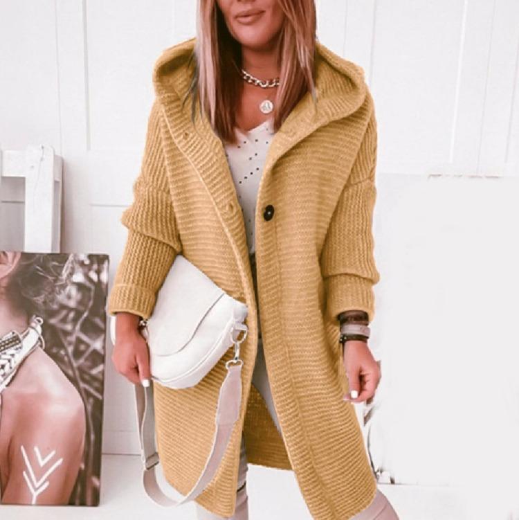 Ciepły damski długi sweter-płaszcz z kapturem, gładki, dzianinowy, gruby kardigan zimowy