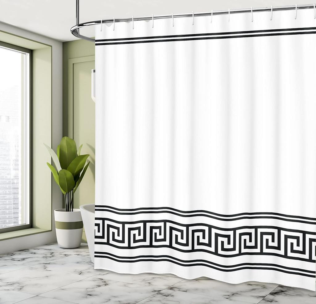 Abstract Shower Curtain, Simple Classic Greek Art Inspired Pattern Monochrome Athens, Cloth Fabric For Bathroom Decor
