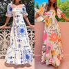 Women's Square Neck Puff Short Sleeve Maxi Dress Slim Fit High Waist Fresh Floral Print Vacation Dress