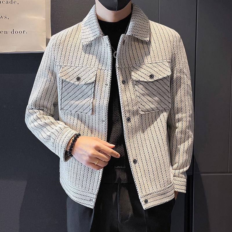 

Trendy Men s Striped Woolen Jacket - Slim Fit, Short Turn-Down Collar, Casual High-End Bad Boy Style for Spring/Autumn 2025. Default Option