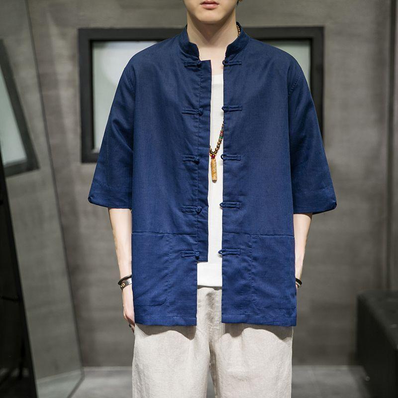 Camicie Stile Cinese Tang Suit da Uomo Moda Estiva Manica Corta Camicie Imitazione Lino Uomo Collo alla Coreana Top con Rilievo di Bambù